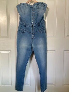 bebe Strapless Bustier Denim Jumpsuit, Skinny Leg, Sz 32 Retro Y2k
